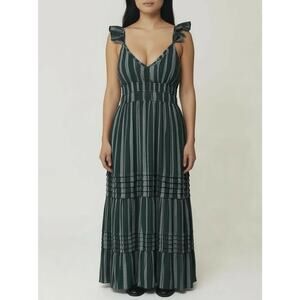 MAX+ASH Maxi Dress Green White Stripe Tiered Ruffle Sleeve Smocked Waist S